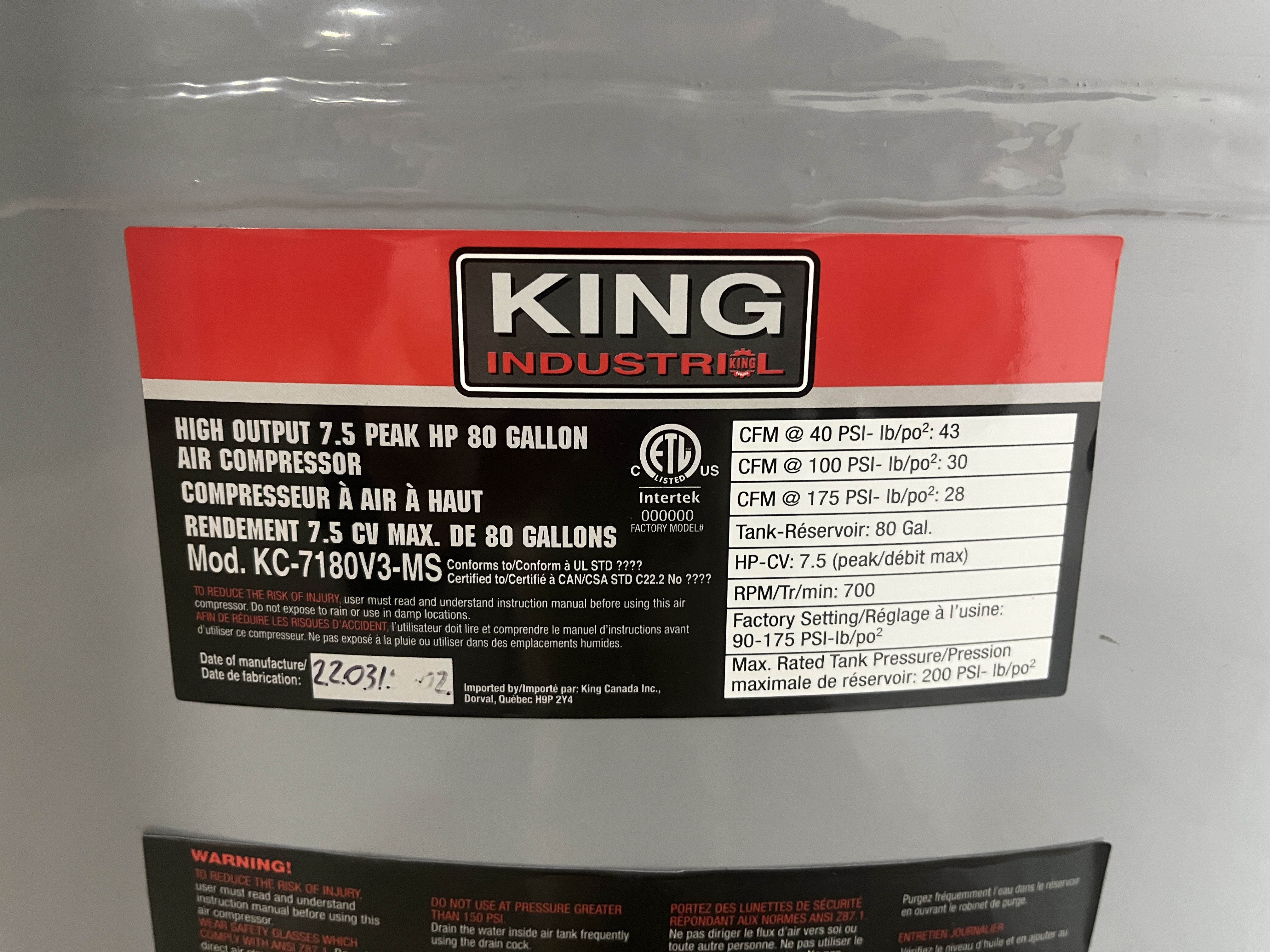 Used King 7.5hp Vertical Air Compressor