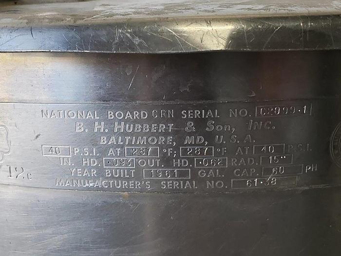 Used B.H. Hubbert SS 60 Gallon Steam Kettle