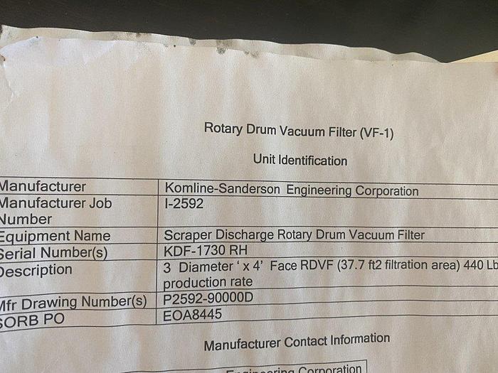 Used K-S Rotary Drum Vacuum Filter