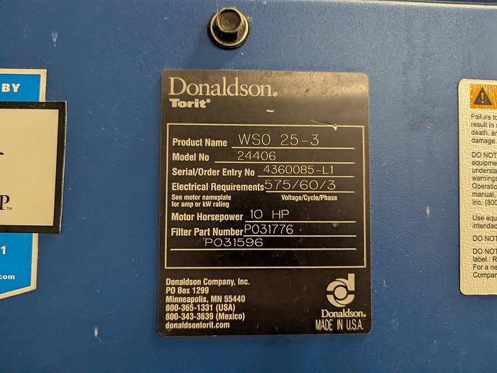 Used Donaldson Torit WSO 25-3 Mist Collector