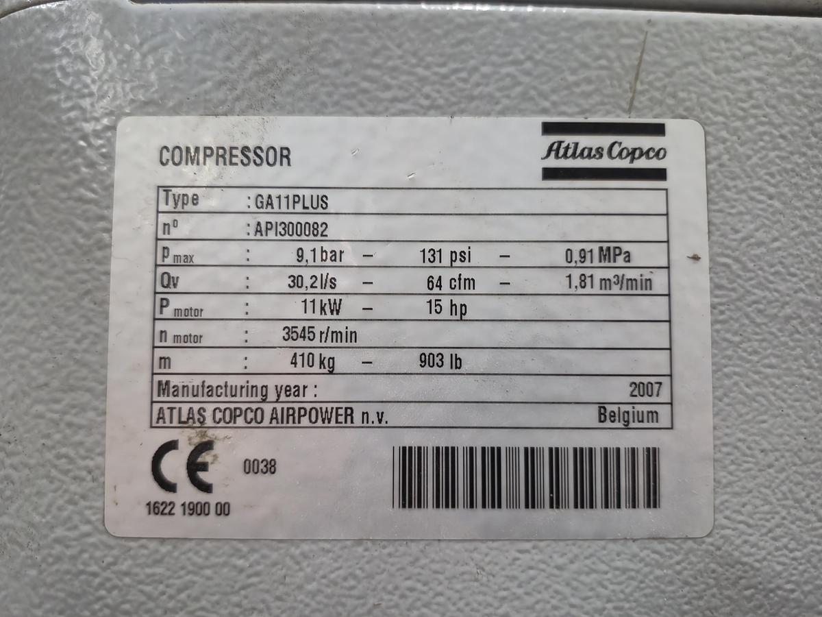Used Atlas Copco GA11PLUS Rotary Screw Air Compressor