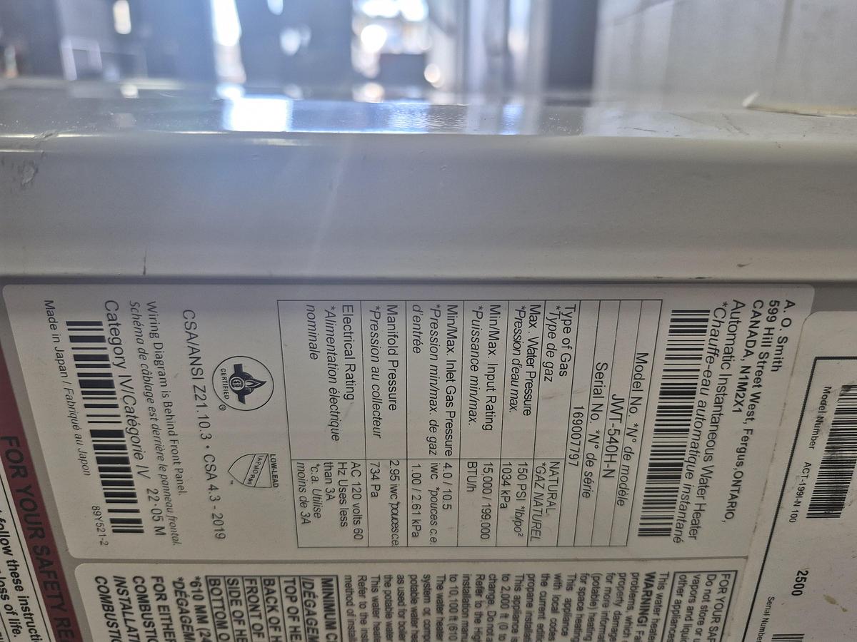 Used A.O. Smith Natural Gas Tankless Water Heater