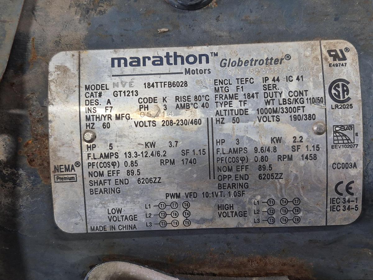 Used Marathon 5 HP Motor with Gear Reducer 