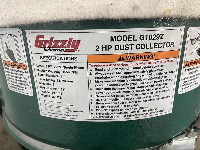 Used 2008 Grizzly Industrial Dust Collector - G10292