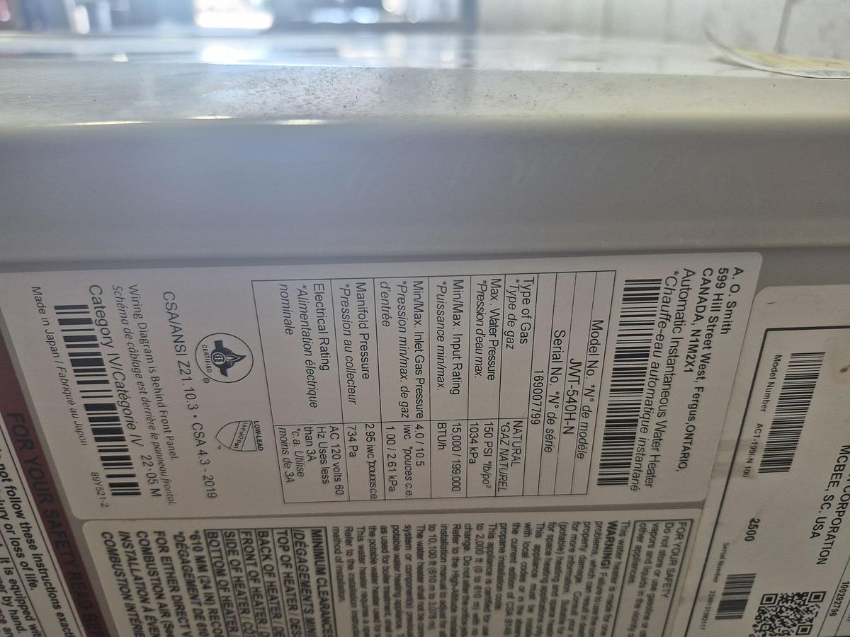 Used A.O. Smith Natural Gas Tankless Water Heater