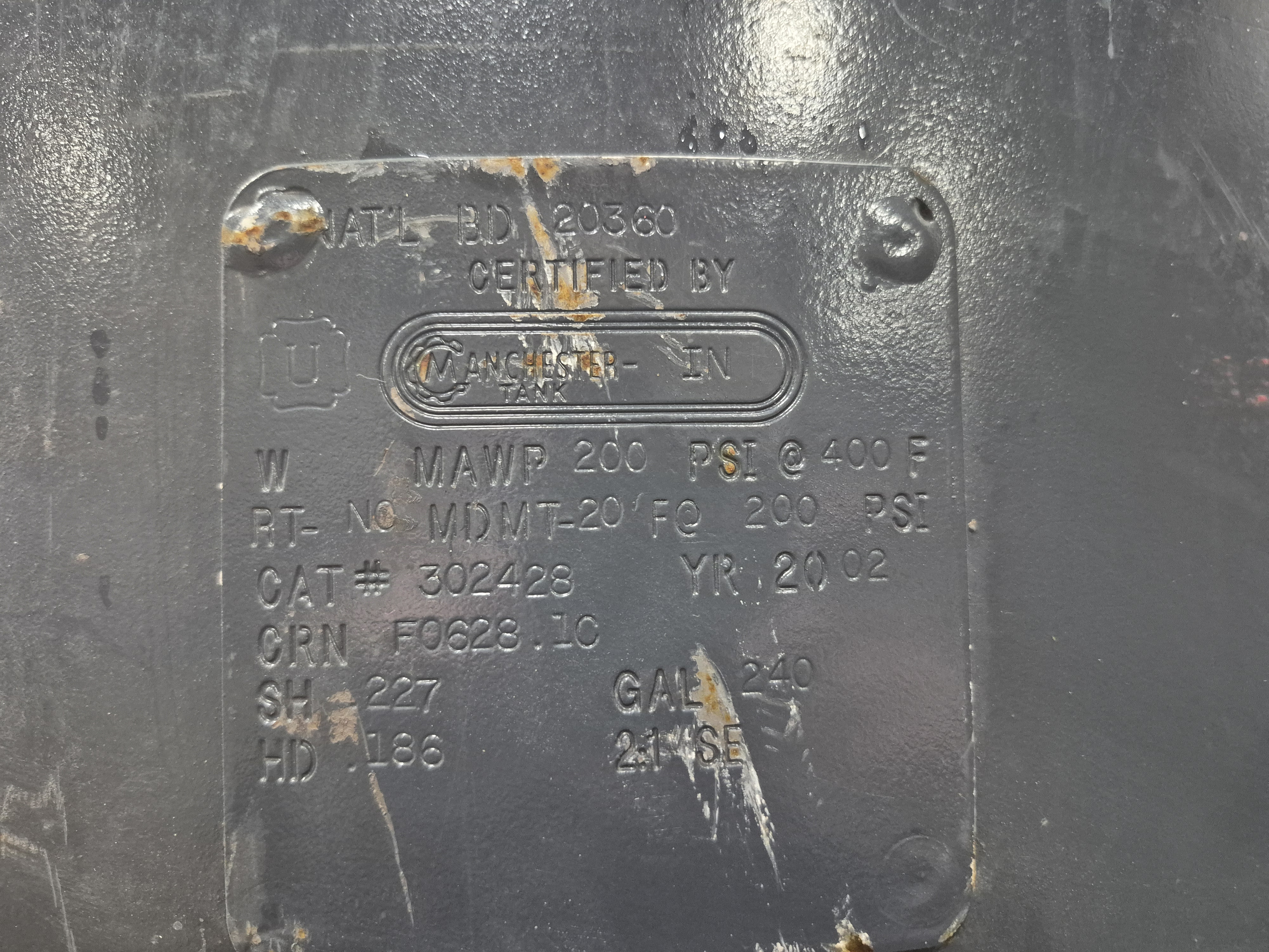 Used Manchester 240 Gallon Vertical Air Receiver Tank