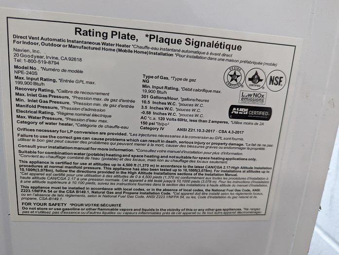 Used Navien NPE-240S Tankless Water Heater