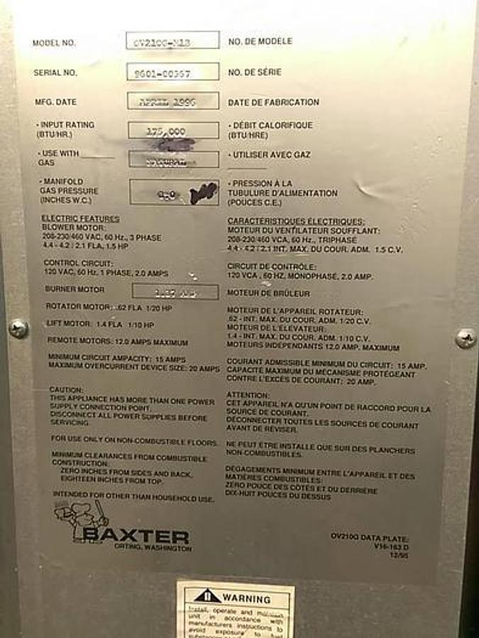 Used Baxter Rack Oven