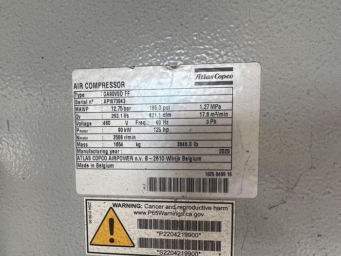 Used Atlas Copco 125 HP Rotary Screw Compressor