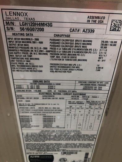 Used Lennox LGH120H4M Gas/Electric Rooftop HVAC Unit