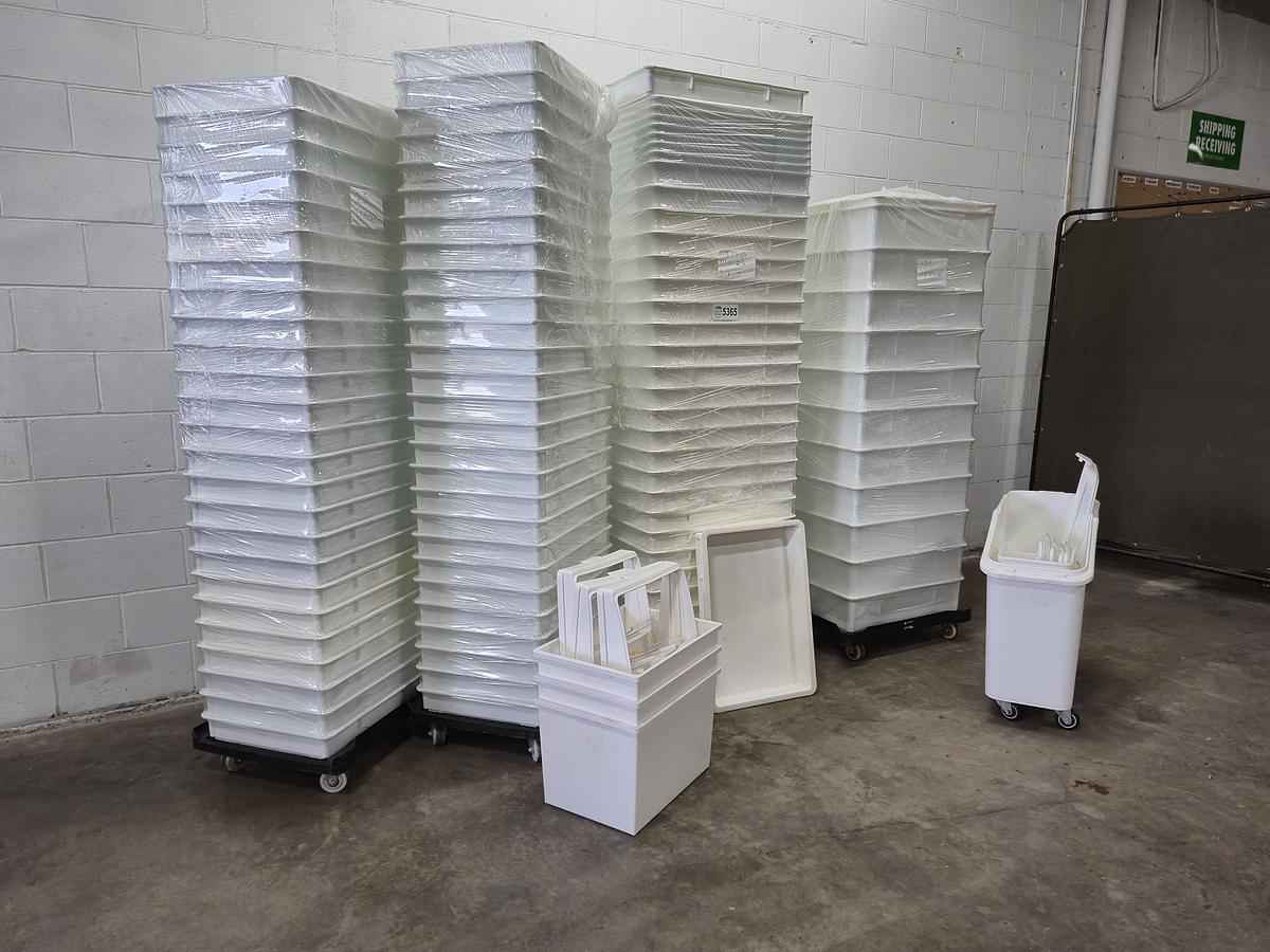 Used Commercial Pizza Dough Trays, Dollies, and Mobile Ingredient Bin Lot