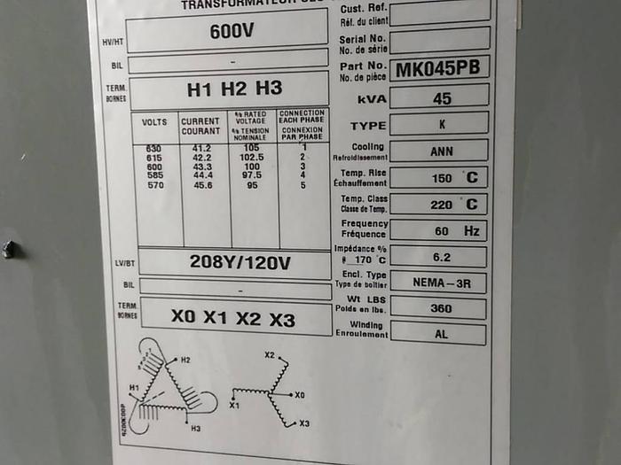 Used Hammond 600-208/120 45kva Transformer