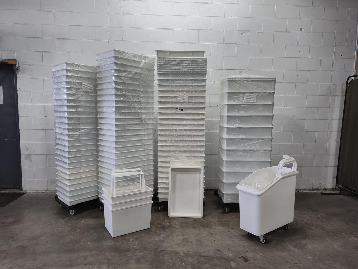 Used Commercial Pizza Dough Trays, Dollies, and Mobile Ingredient Bin Lot