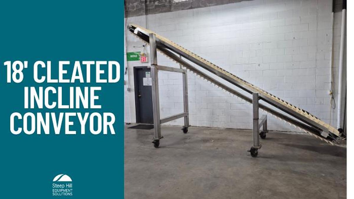 Used Interroll 18'L Cleated Incline Conveyor