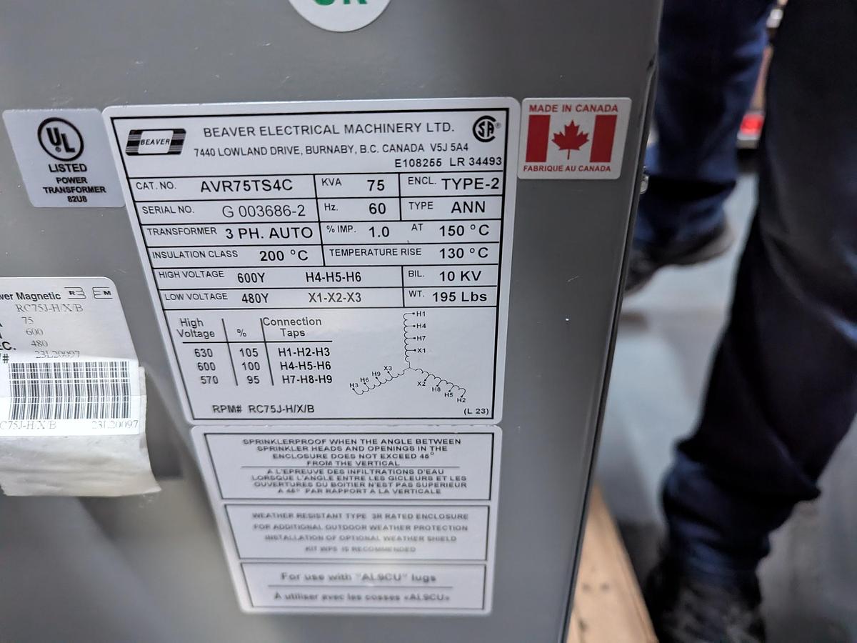 Used Beaver 75kVA 480-600V Auto Transformer