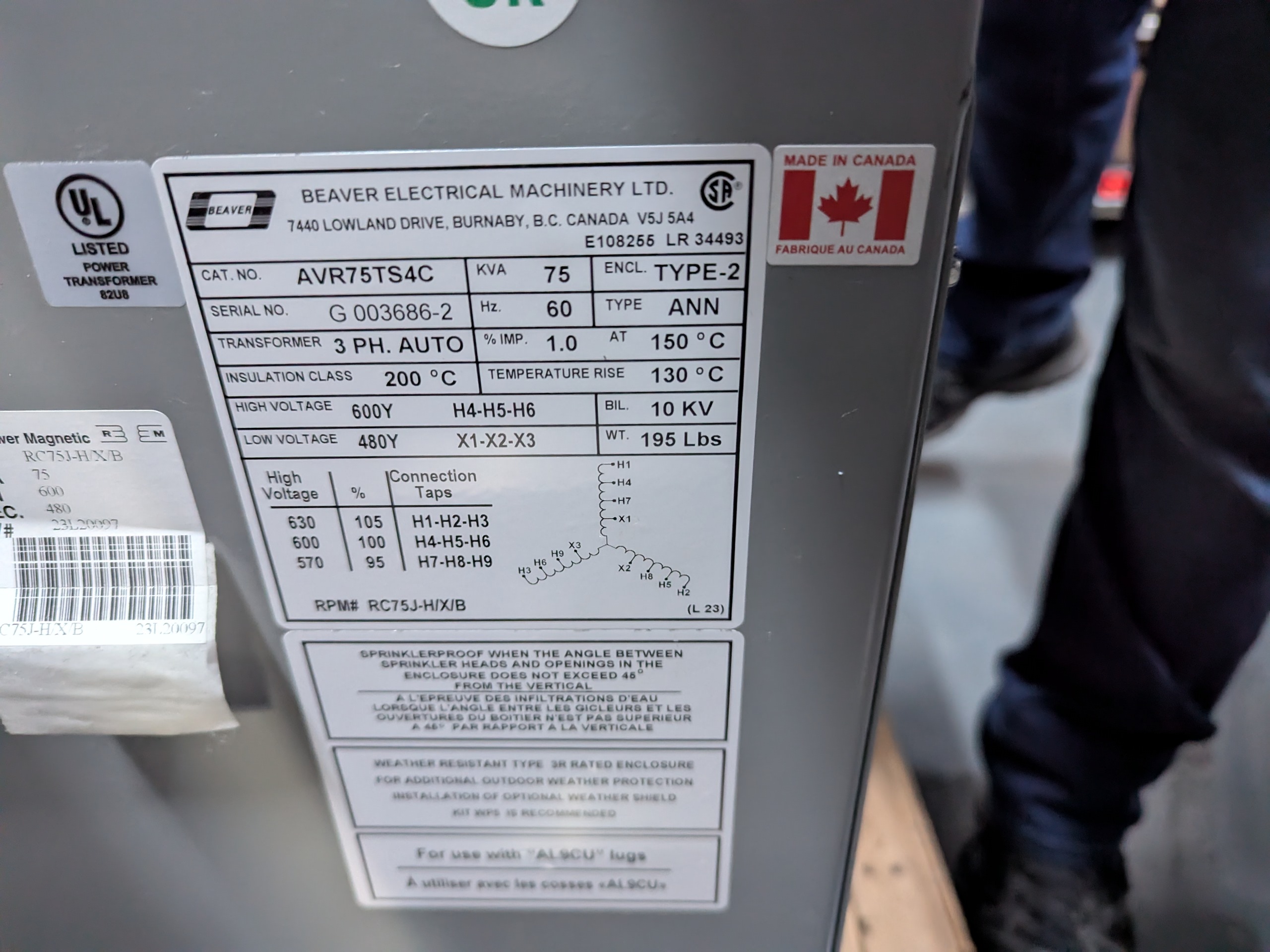 Used Beaver 75kVA 480-600V Auto Transformer