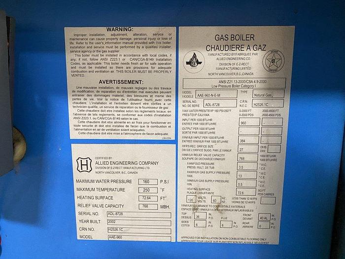 Used Allied NG Hot Water Boiler