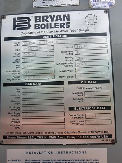 Used Bryan CLM240-S Flexible Tube Steam Boiler