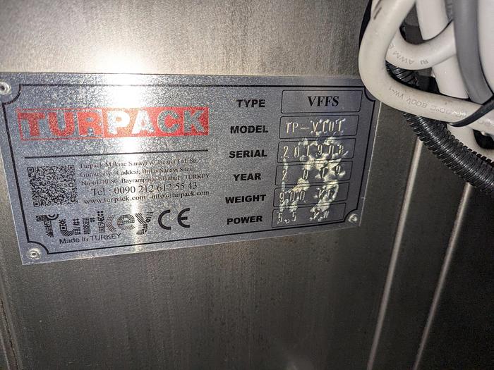 Used Turpack VFFS with Infeed Elevator and Volumetric Filler