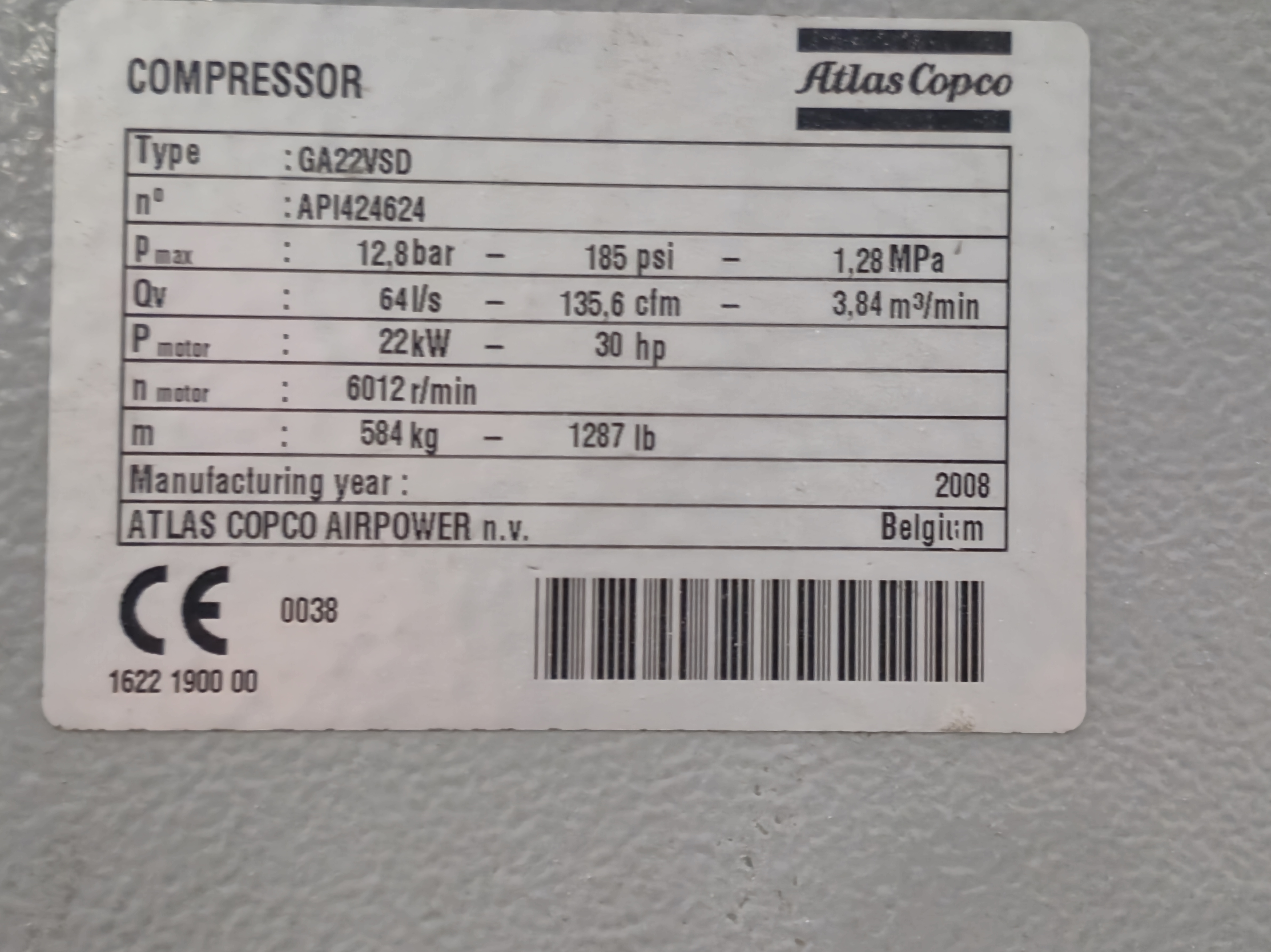 Used Atlas Copco GA22VSD Air Compressor