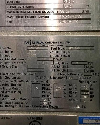 Used Miura LXL-200 Low Pressure Steam Boiler