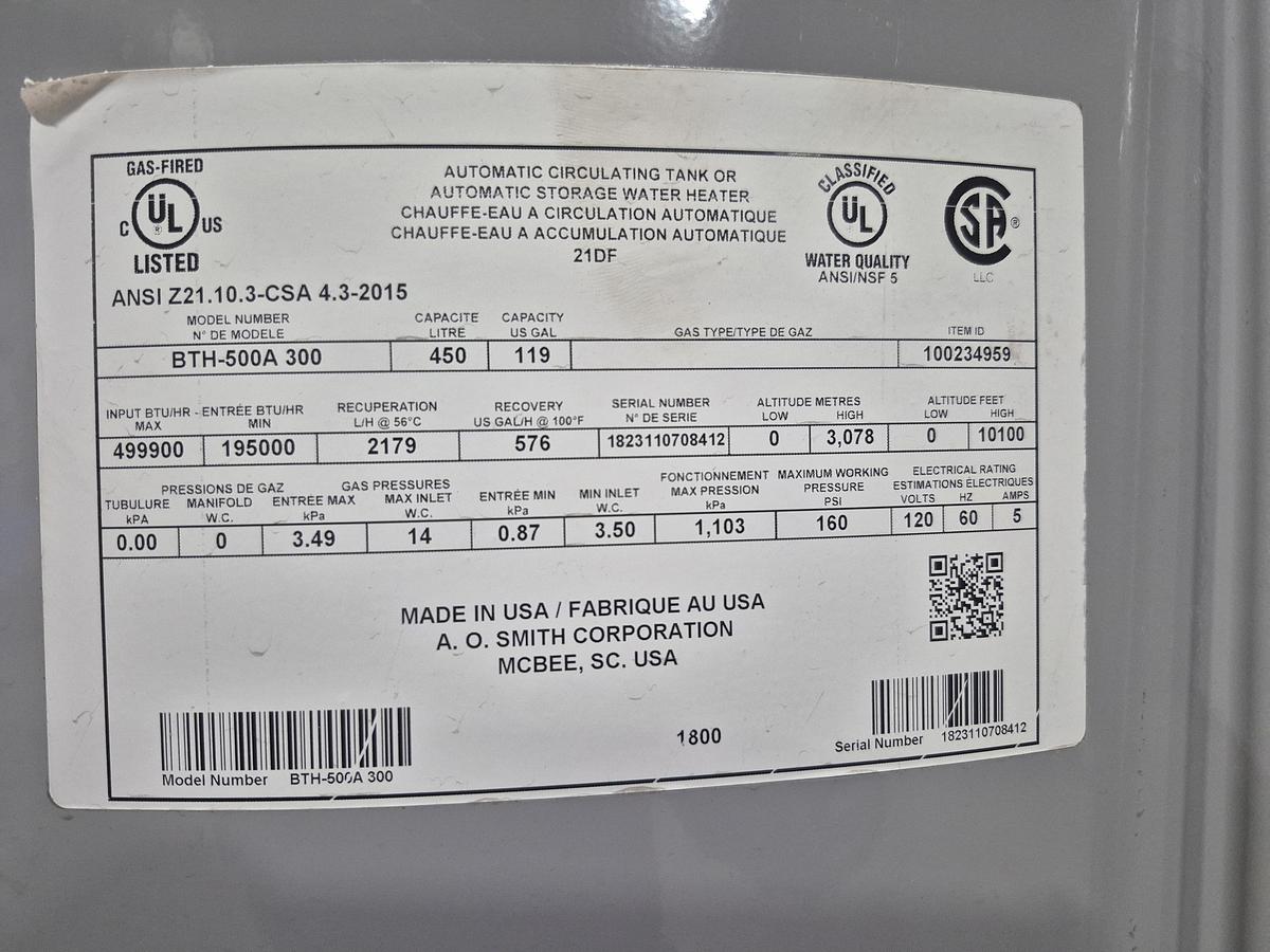 Used A.O. Smith Cyclone MXi Gas Water Heater