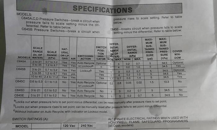 Honeywell C645A-E Pressure Switch