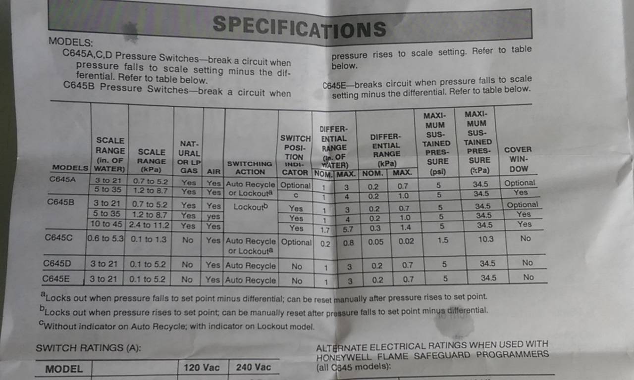 Honeywell C645A-E Pressure Switch
