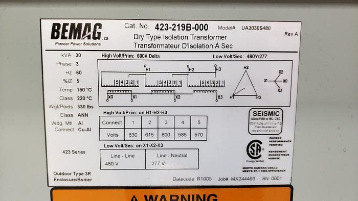 Used BEMAG Dry Type Isolation Transformer