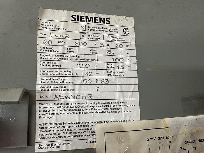 Used Siemens Series II Magnetic Starter Type FVNR