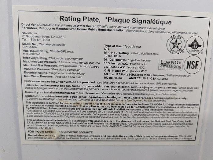 Used Navien NPE-240A Water Heater