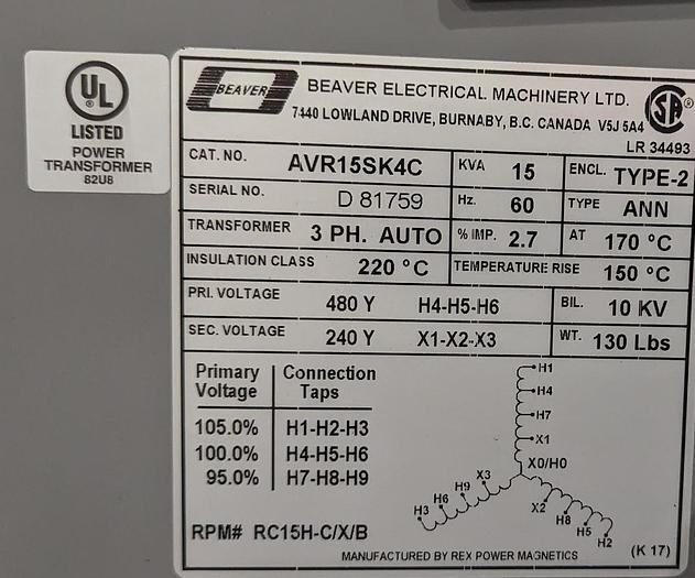 Used Beaver 3 Phase Transformer AVR15SK4C