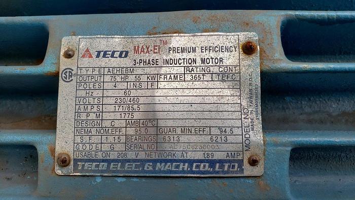 Used TECO MAX-E1 3-Phase 75 Hp Induction Motor