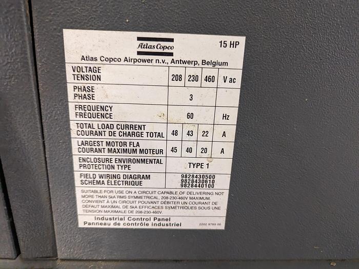 Used Atlas Copco 15 HP Rotary Screw Compressor