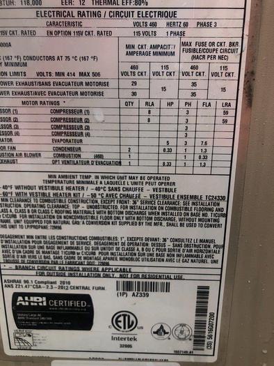 Used Lennox LGH120H4M Gas/Electric Rooftop HVAC Unit