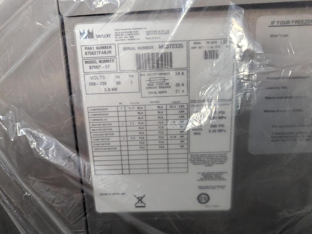 Used Taylor 8756P-27 Pressurized Soft Serve Freezer