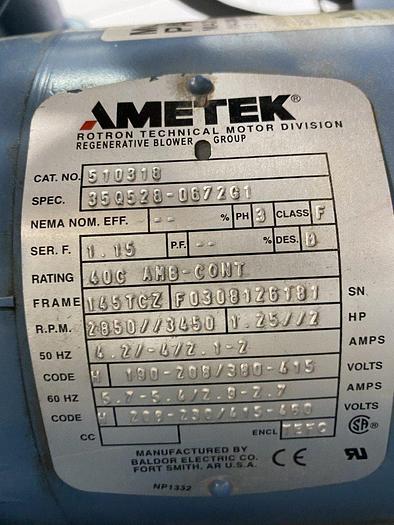 Used Ametek DR505 2 Hp Regenerative Blower
