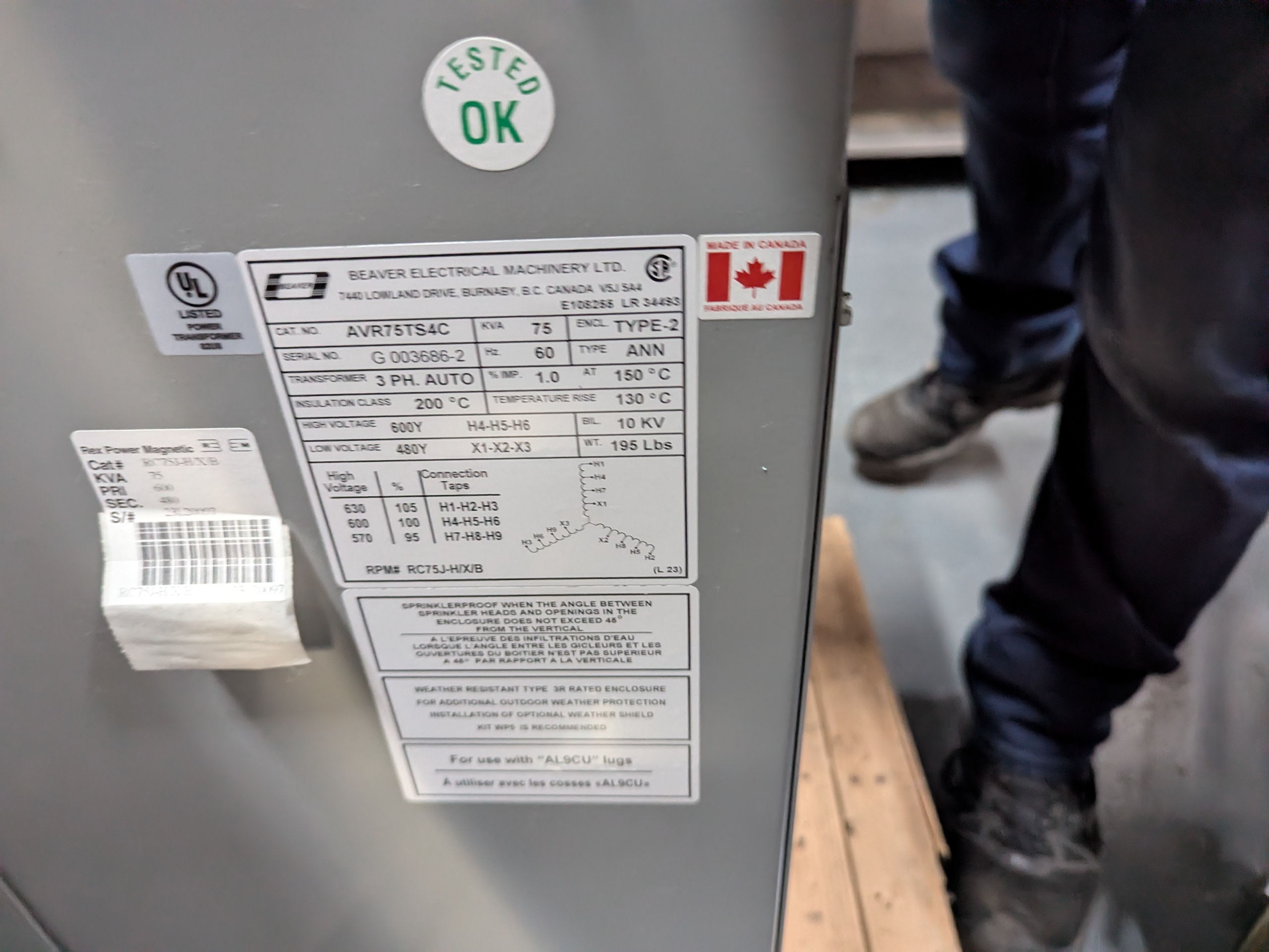 Used Beaver 75kVA 480-600V Auto Transformer