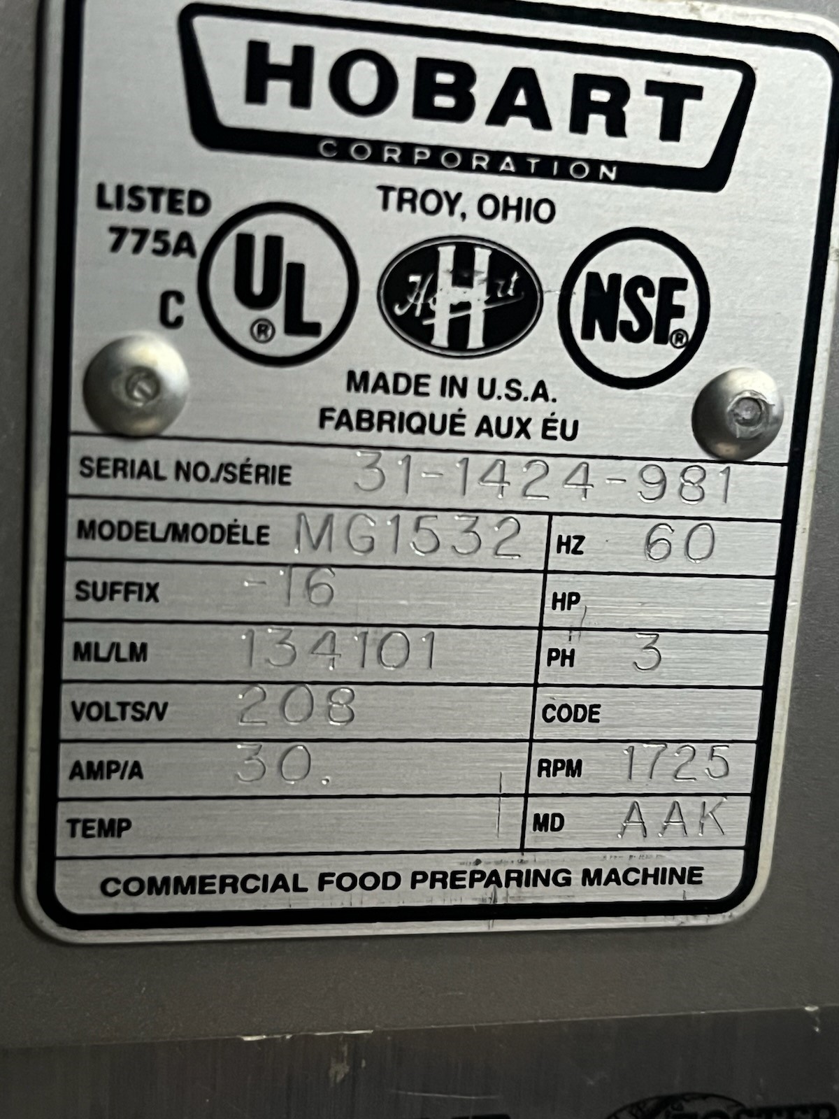 Used Hobart MG1532 Mixer Grinder