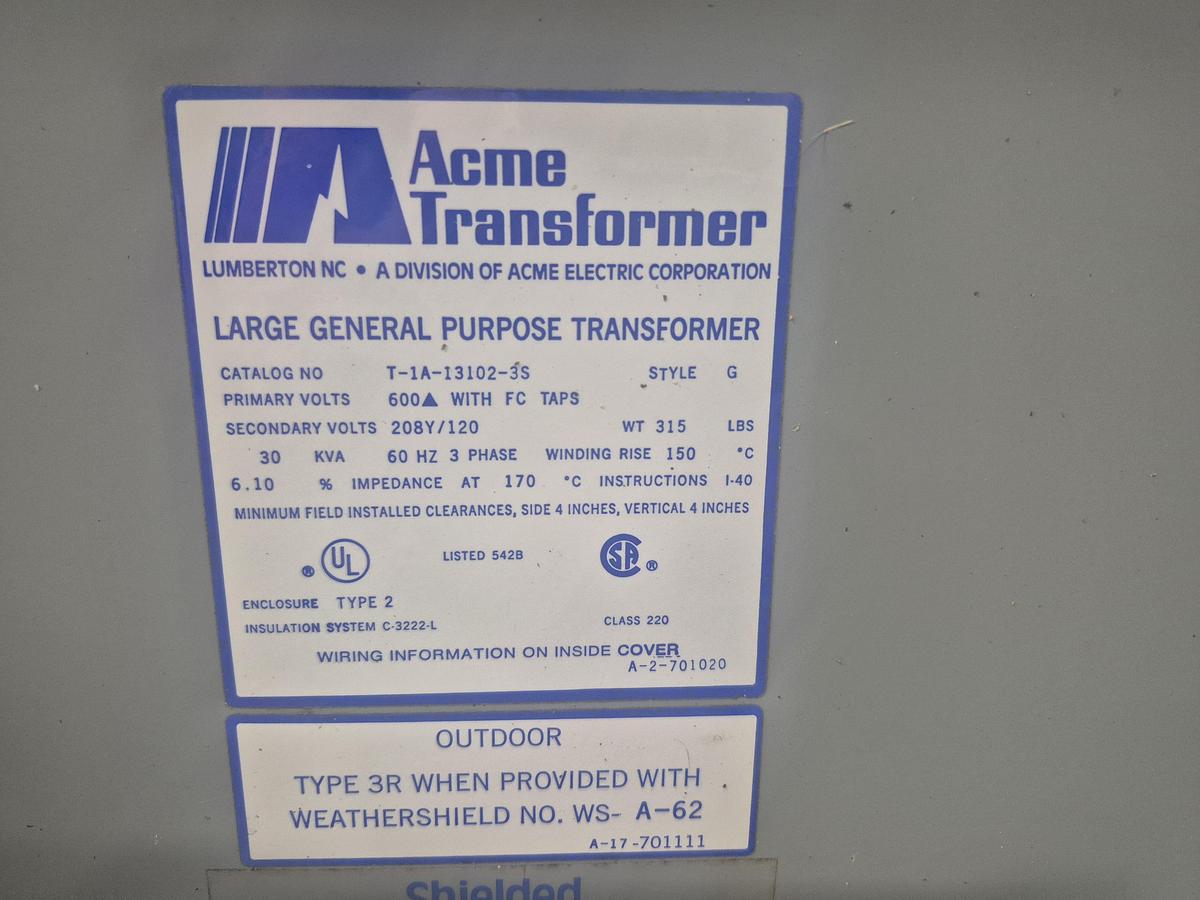 Used Acme 30 kVA 3-Phase Step-Down Transformer