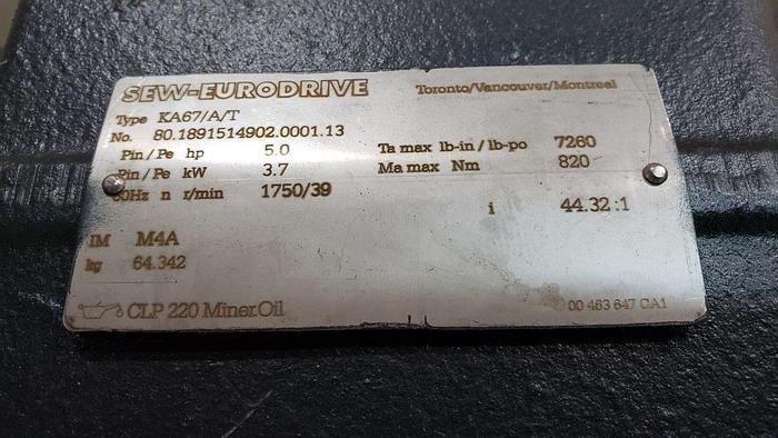 Used Sew-Eurodrive KA67 Helical Bevel 5 Hp Gear Unit