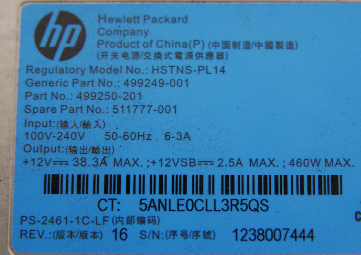 Used HP HSTNS-PL14 499249-001 499250-201 460W Hot-Pluggable Power Supply