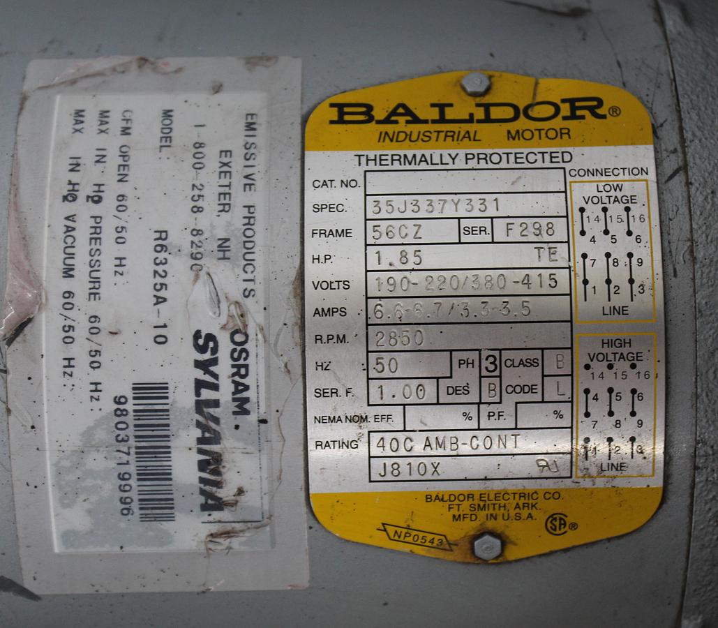 Used Baldor 35J337Y331 1.85HP Motor w/ Sylvania R6325A-10 Regenerative Blower