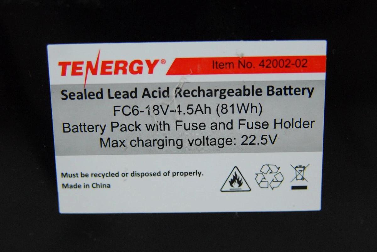 Used Tenergy 42002-02 42-1030 Sealed Lead Acid Rechargeable Battery FC6-18V-4.5Ah