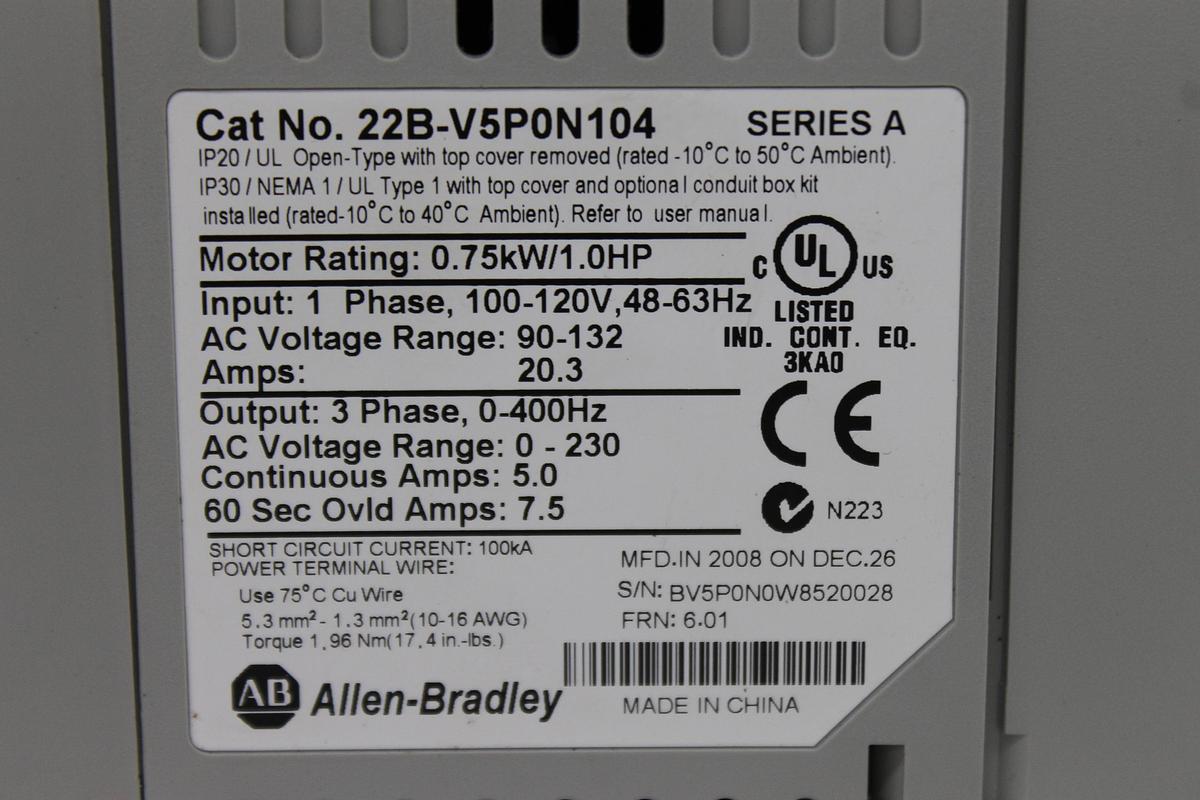 Used Allen Bradley 22B-V5P0N104 PowerFlex 40 Variable AC Drive 120V 1PH Input