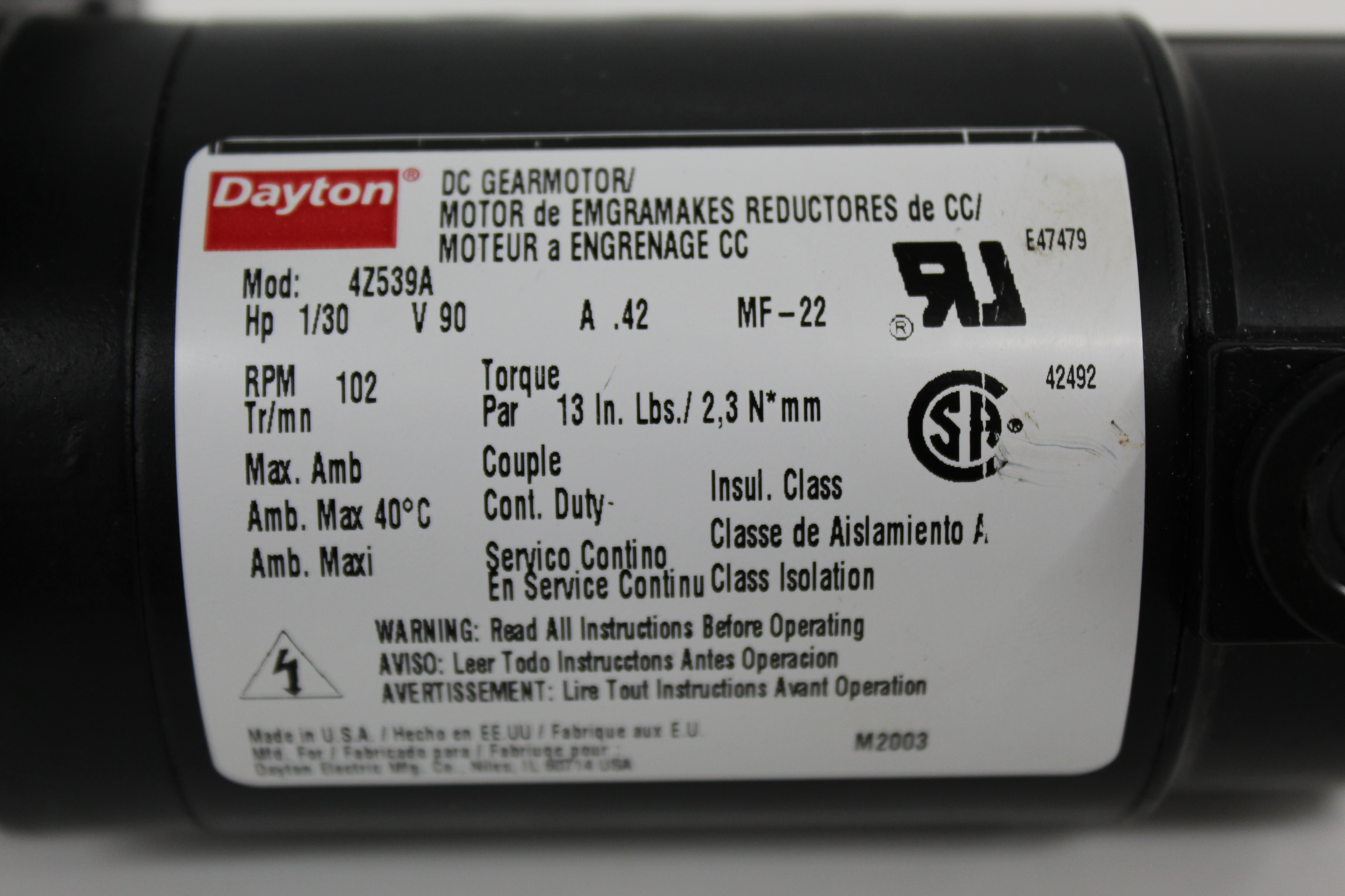 Used Dayton 4Z539A Permanent Magnet DC Gearmotor 1/30 HP 90V 0.42A 102 RPM