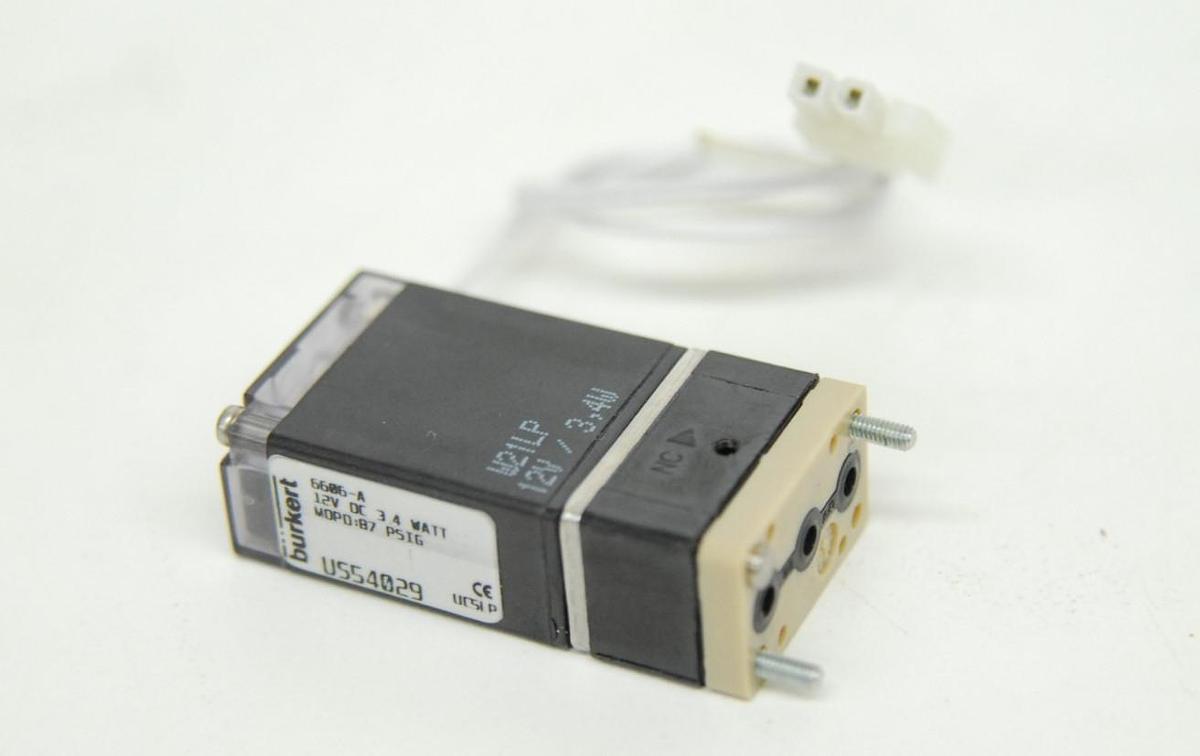 Used Burkert 6606-A Direct-Acting Rocker Solenoid Valve (12 VDC, 3.4 W, 87 PSIG)