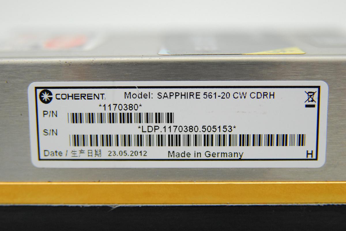 Used Coherent 1170380 Sapphire 561-20 CW CDRH Laser Head 561nm 20mW