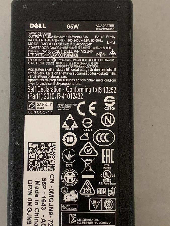 Used Dell Laptop AC Adapter Charger 65 Watt 19.5v 3.34a LA65NS2-01