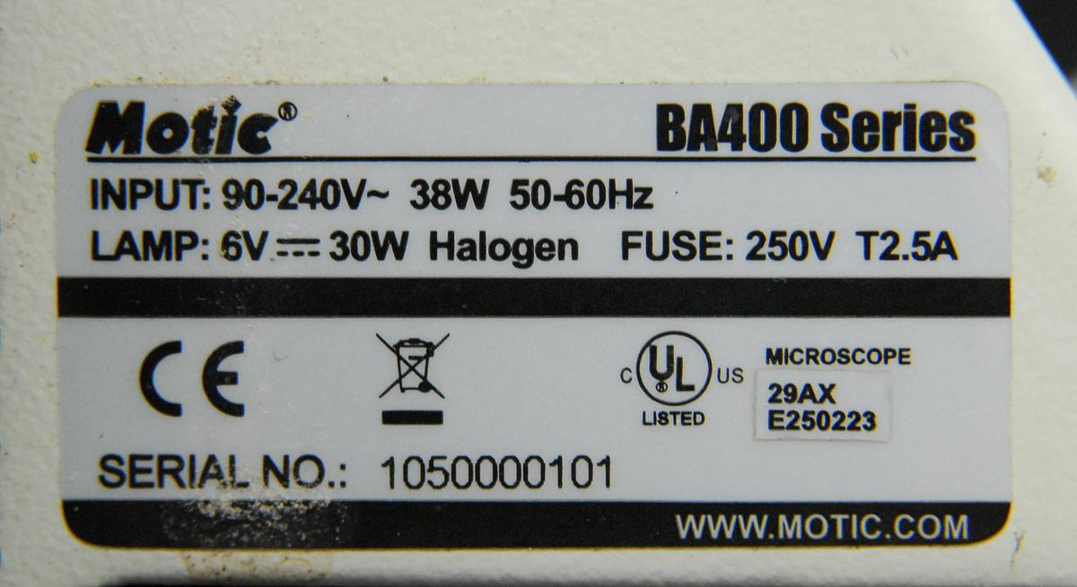 Used Motic BA400 Trinocular Phase Contrast Microscope W/ Plan 10/20/40/100 Objectives